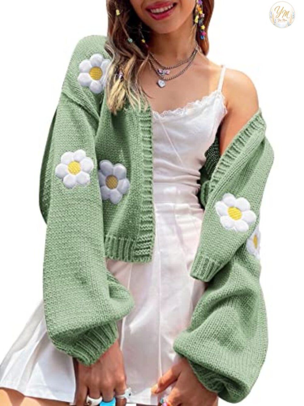 Cropped Cardigan Sweater Y2K Daisy Floral Knit Shrug